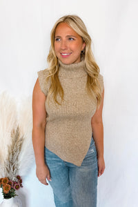 Let's Go Fall Asymmetrical Turtle Neck Sweater Vest - Taupe