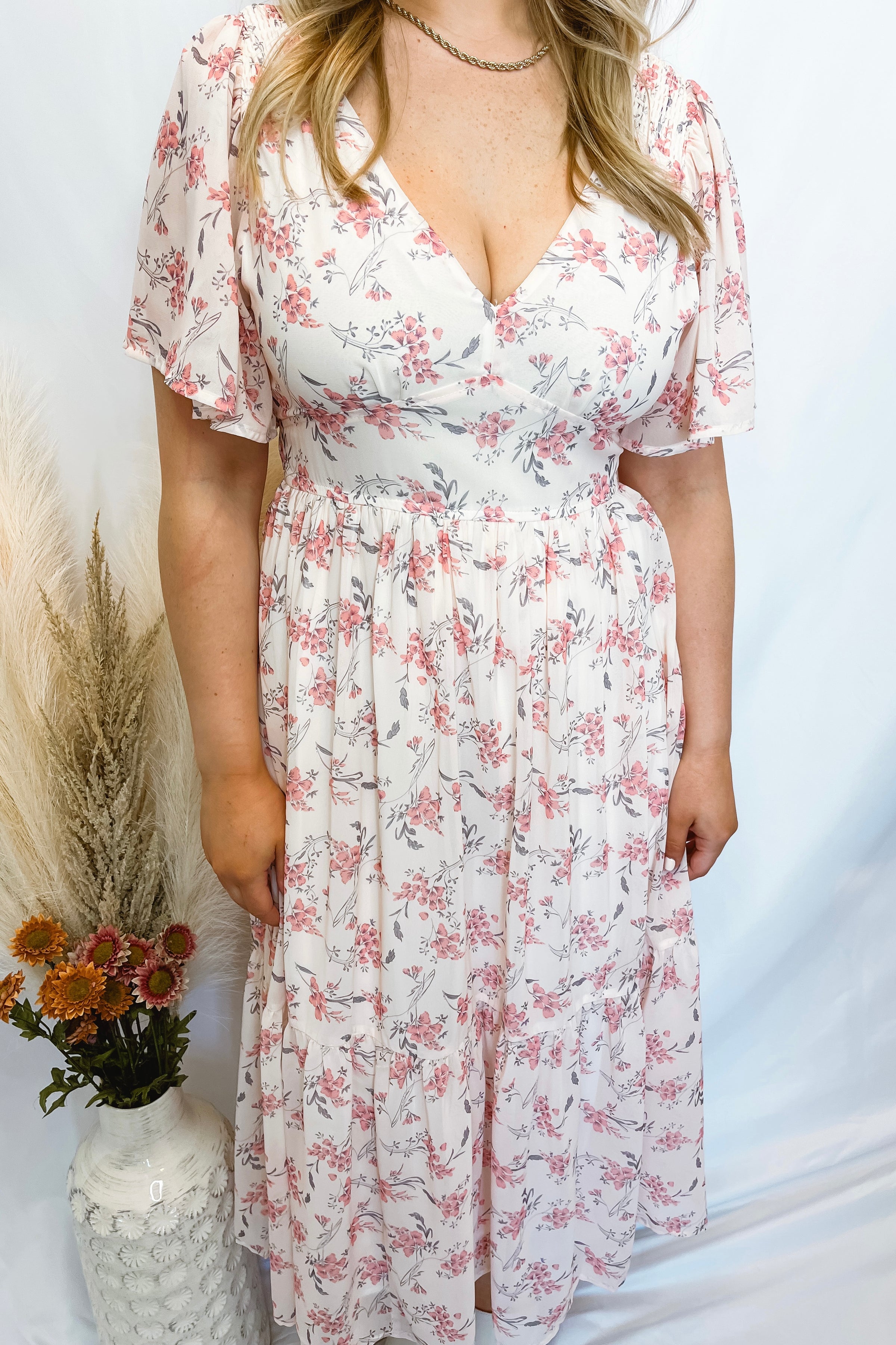 Romantic Garden Floral Midi Dress - Blush