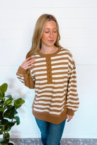 Stylish Staple Striped Henley Top - Taupe