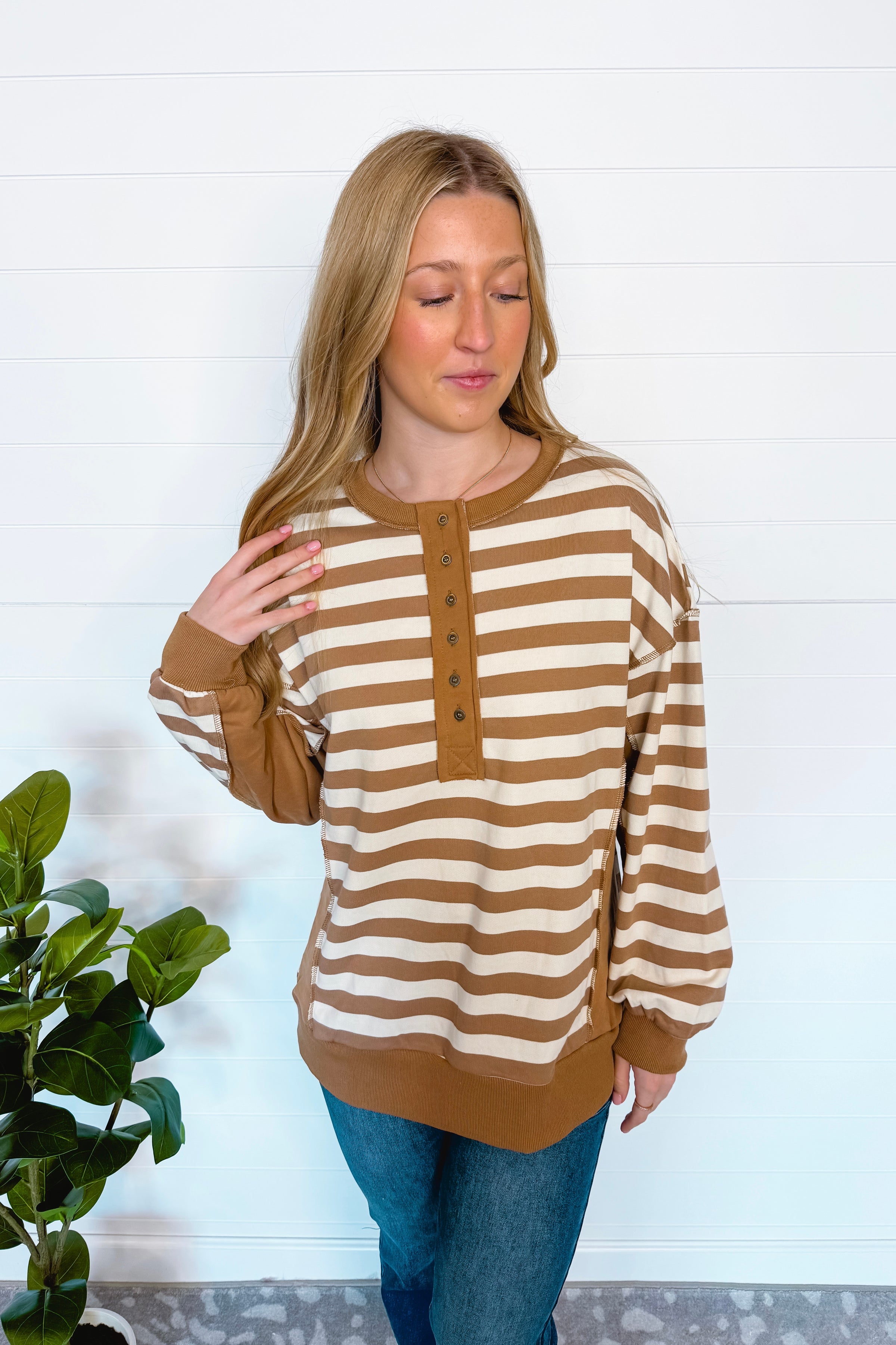 Stylish Staple Striped Henley Top - Taupe