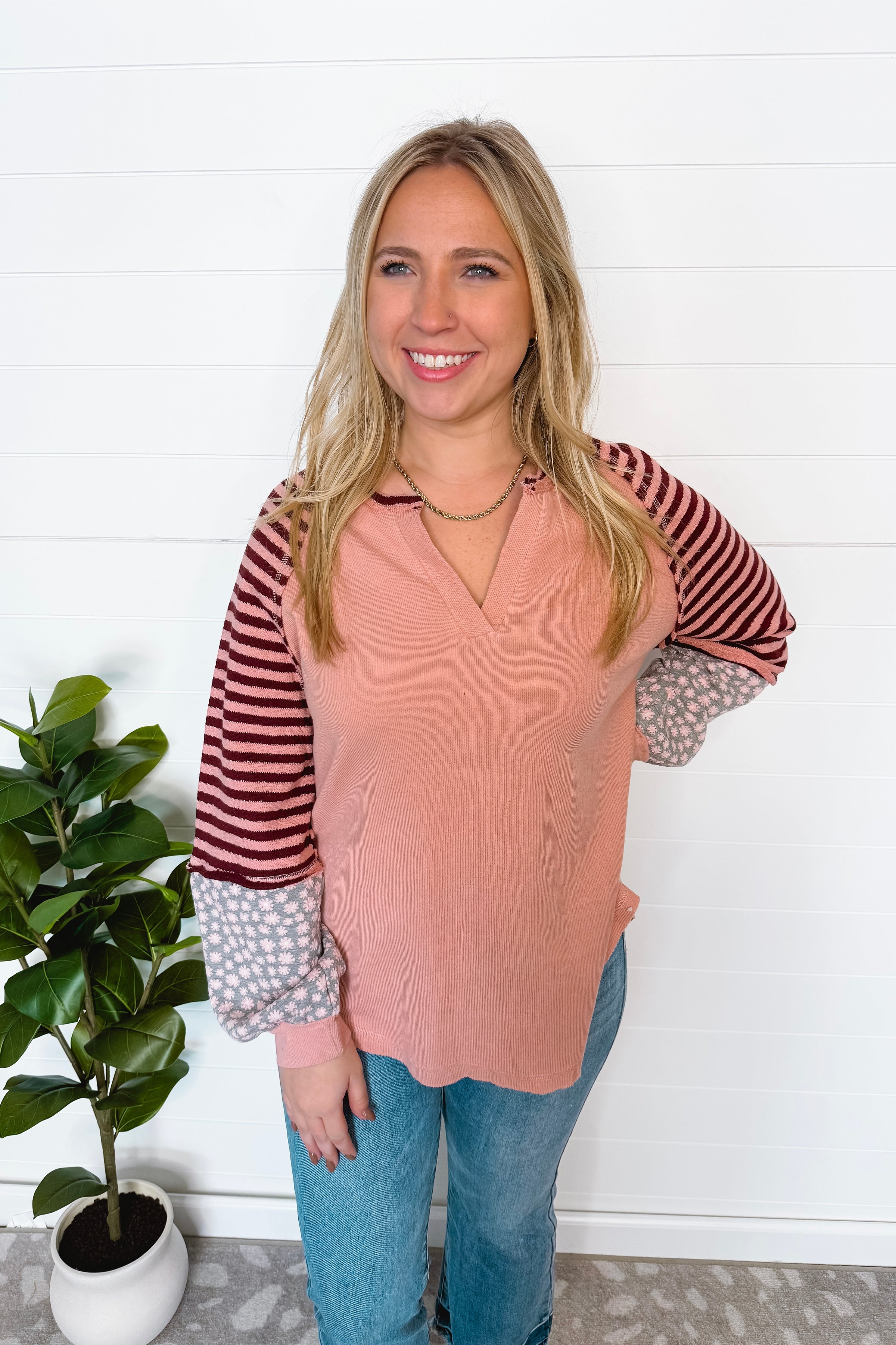 Keepin' It Casual Split Neck Top - Blush