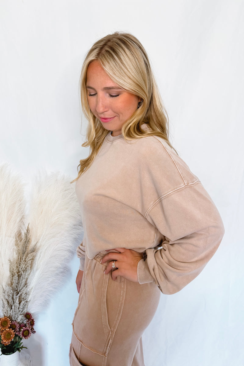Crisp Leaves Mineral Washed Crew Neck Top - Taupe