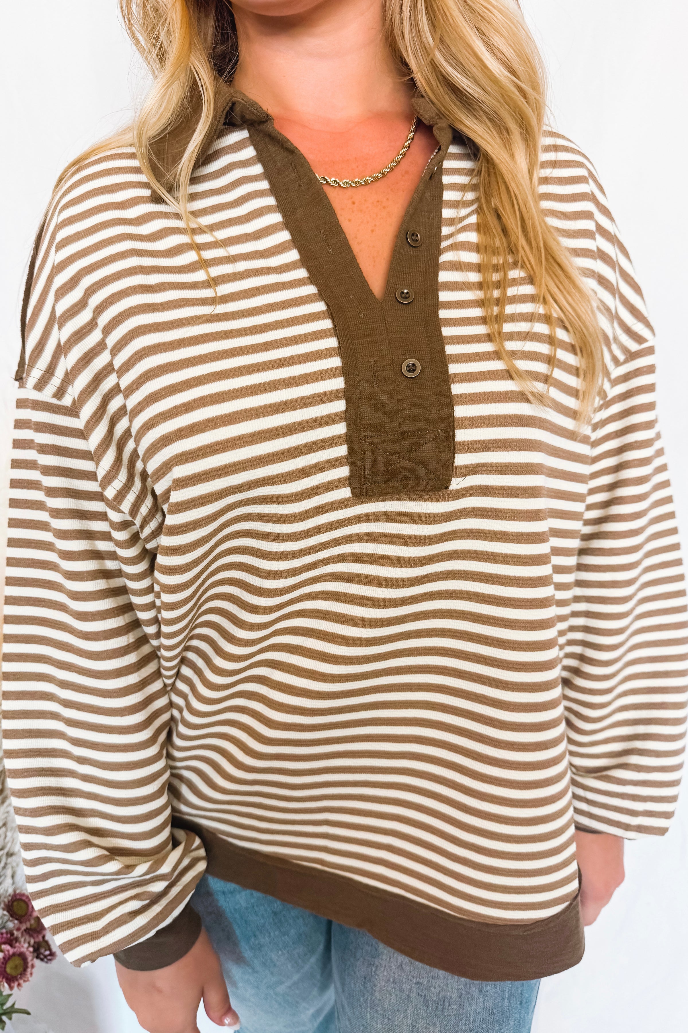 Casual Cocoa Striped Collared Top - Mocha