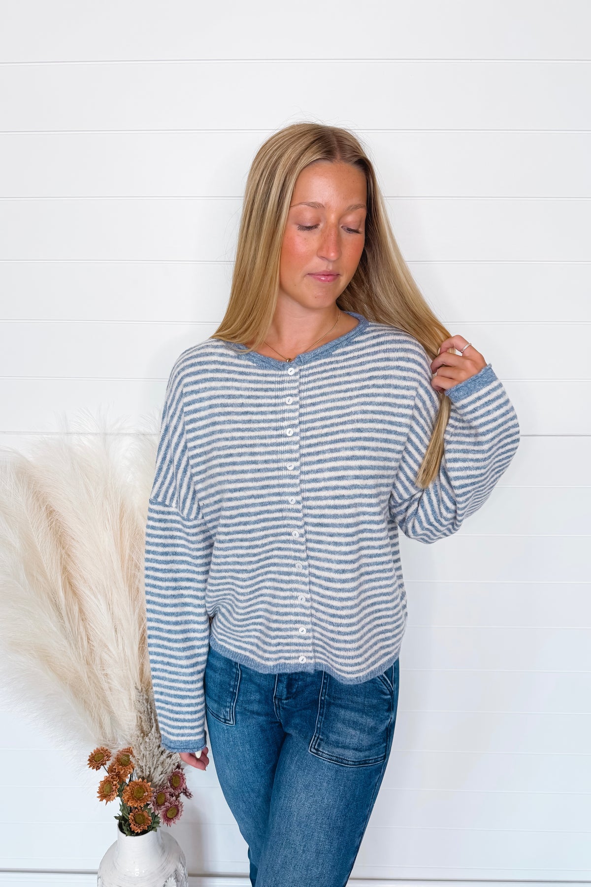 Gwen Lightweight Striped Button Sweater - Dusty Blue/Ivory