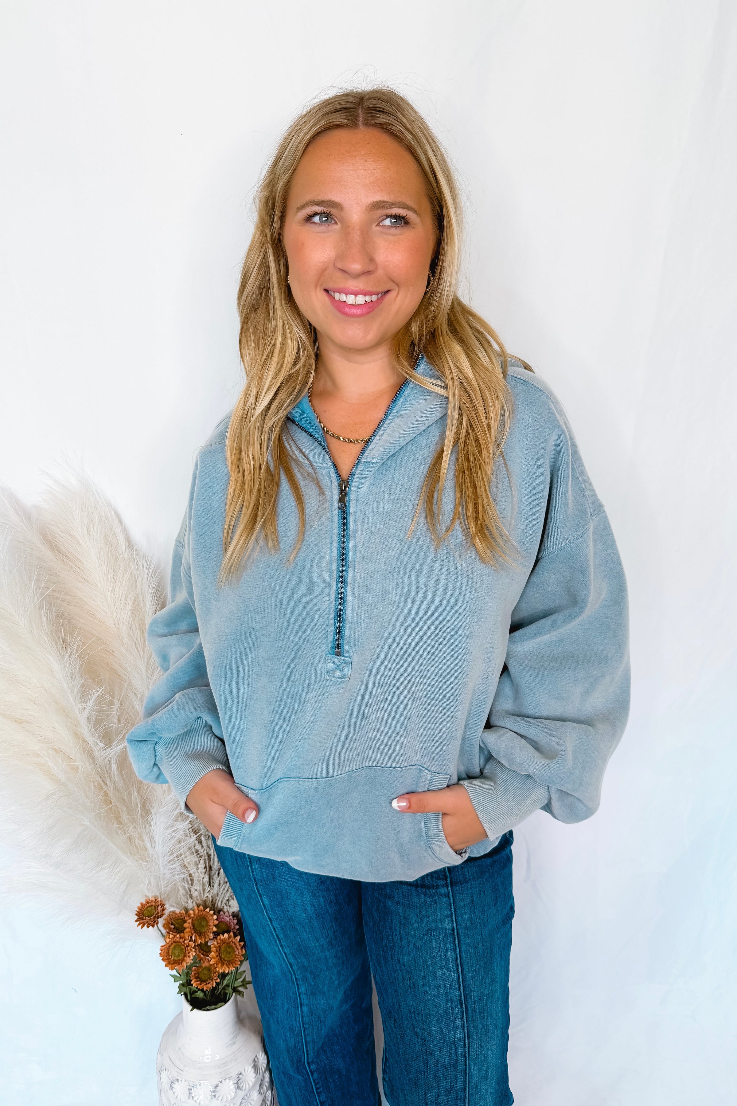 Just Relaxing Mineral Washed Half Zip Hoodie - Blue