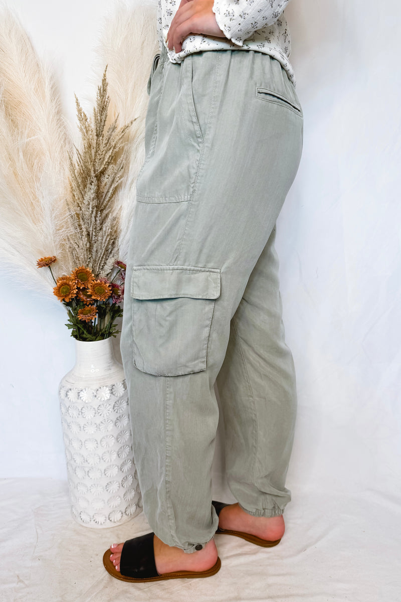 Ellie Tencel Drawstring Cargo Joggers - Pale Sage