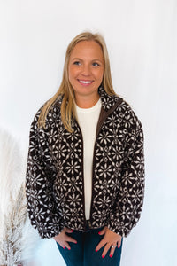 Mountain Views Snowflake Zip-Up Sherpa Jacket - Brown