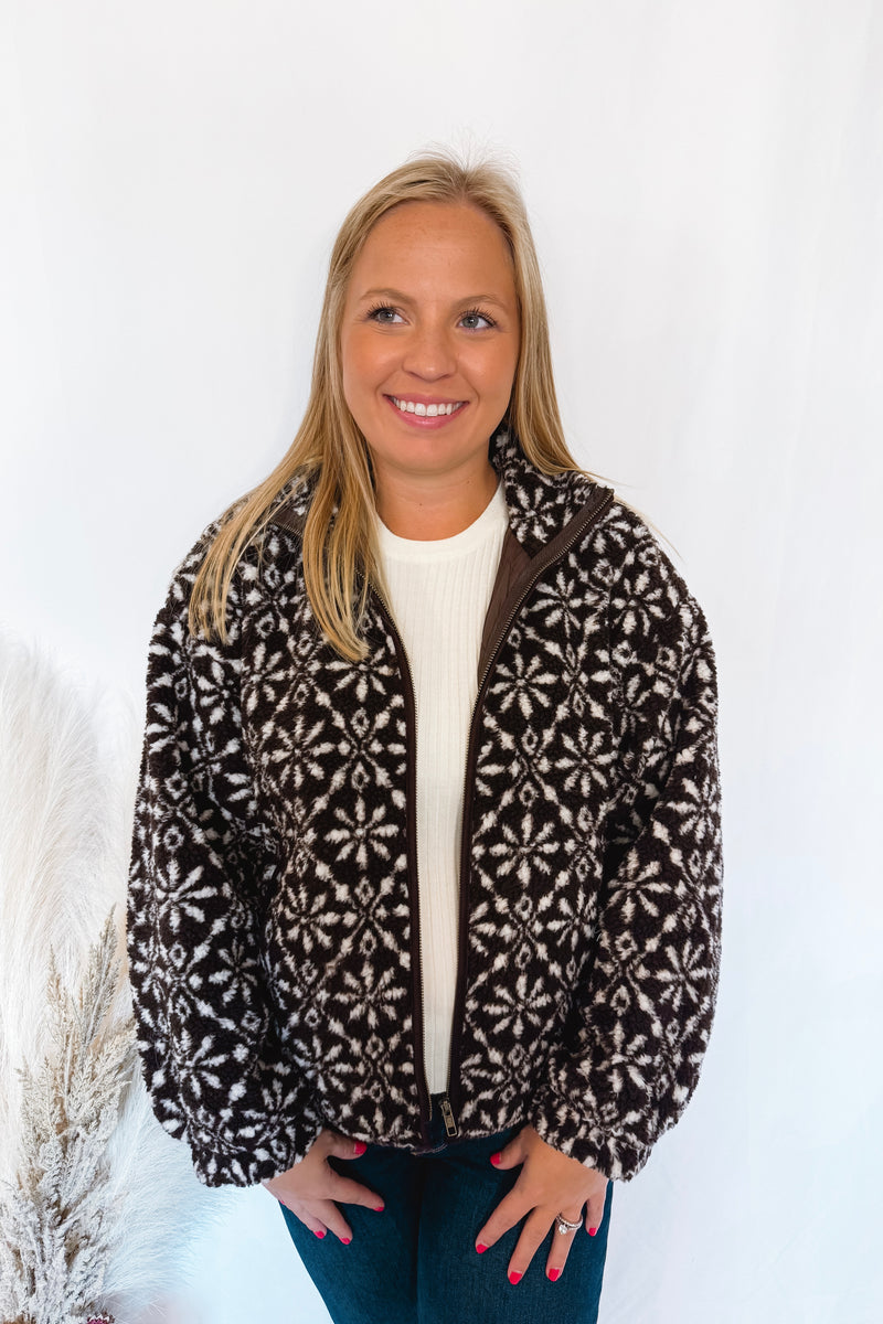 Mountain Views Snowflake Zip-Up Sherpa Jacket - Brown