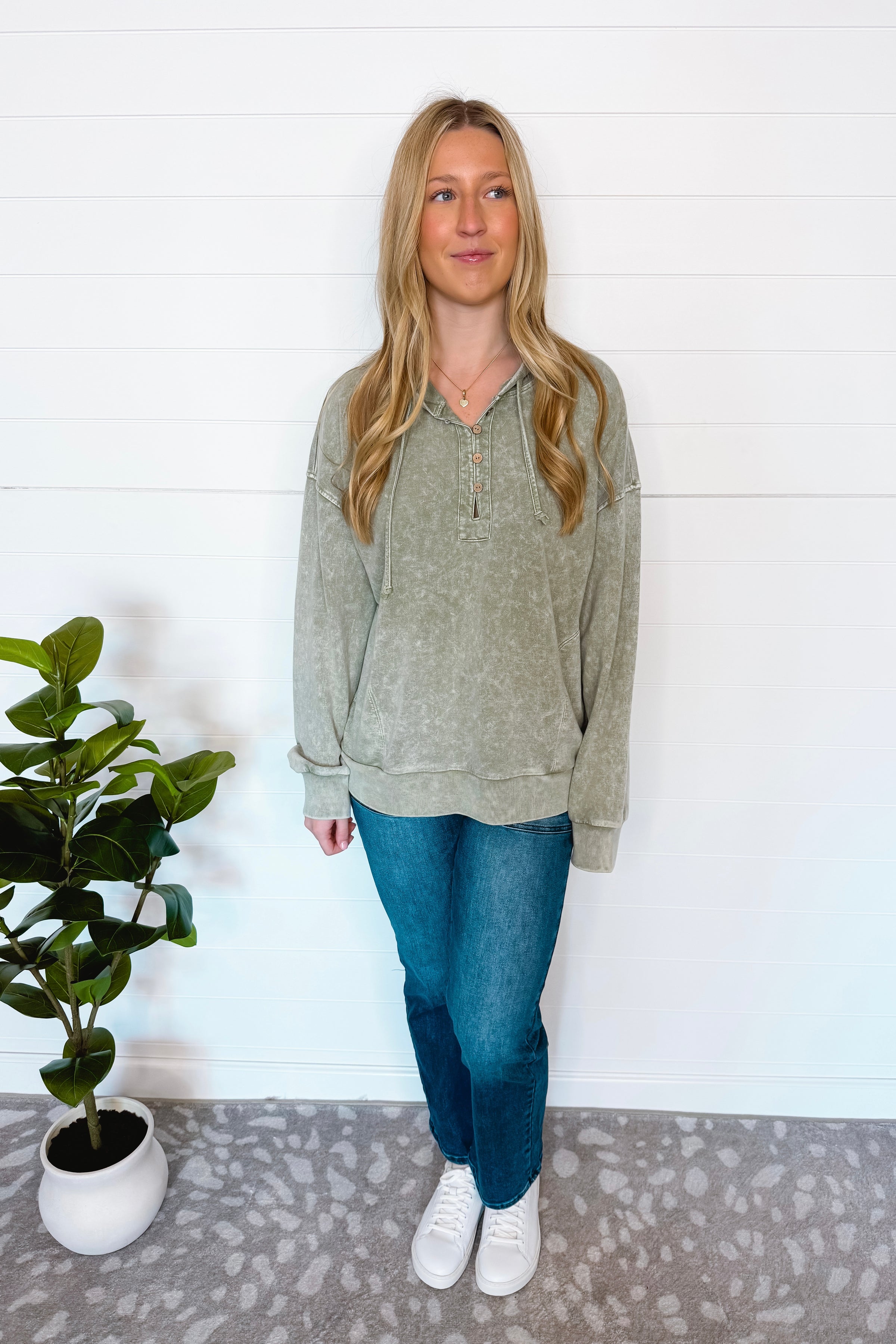 All Day Casual Mineral Washed Henley Hoodie - Olive