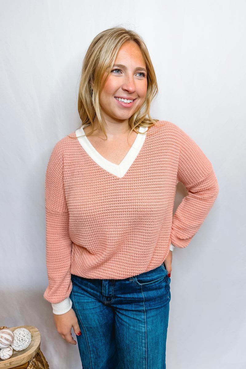 Memory Lane Waffle Knit Top - Light Pink