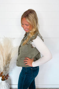 Cozy Charm Button Front Washed Denim Vest - Olive