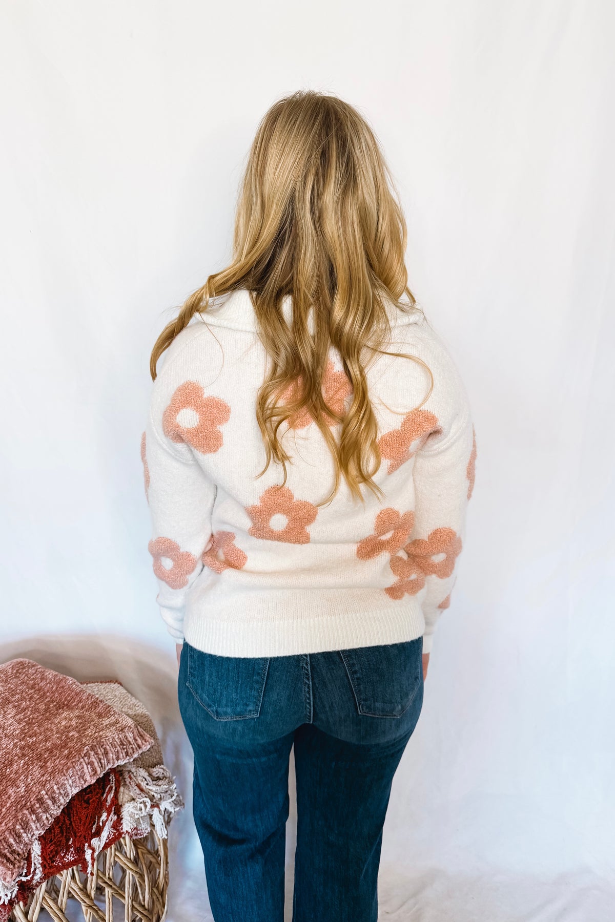 Warm Blooms Quarter Zip Sweater - Cream/Pink