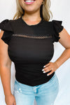 Lana Ruffle Sleeve Crinkle Knit Top - Black