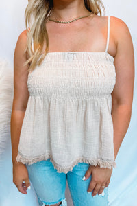 Sunny Charm Fringed Flutter Tank - Oatmeal