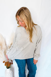 Frayed Flower Mineral Washed Crew Neck Top - Grey