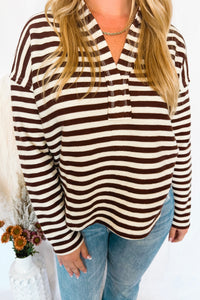 Crunching Leaves Striped Split Neck Top - Brown/Ivory