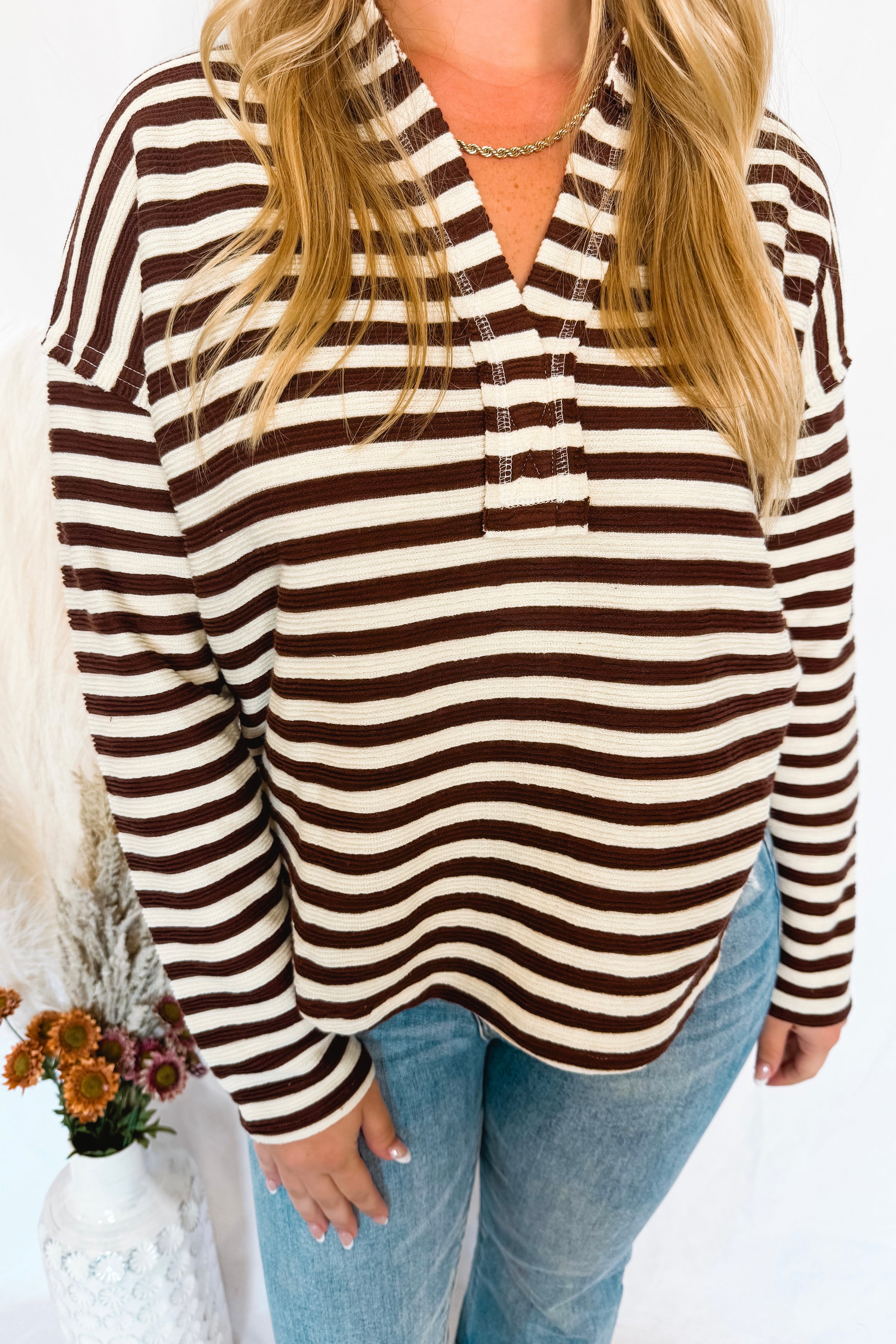 Crunching Leaves Striped Split Neck Top - Brown/Ivory