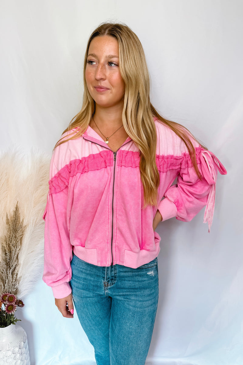 Cotton Candy Ruched Zip Up Hoodie - Pink