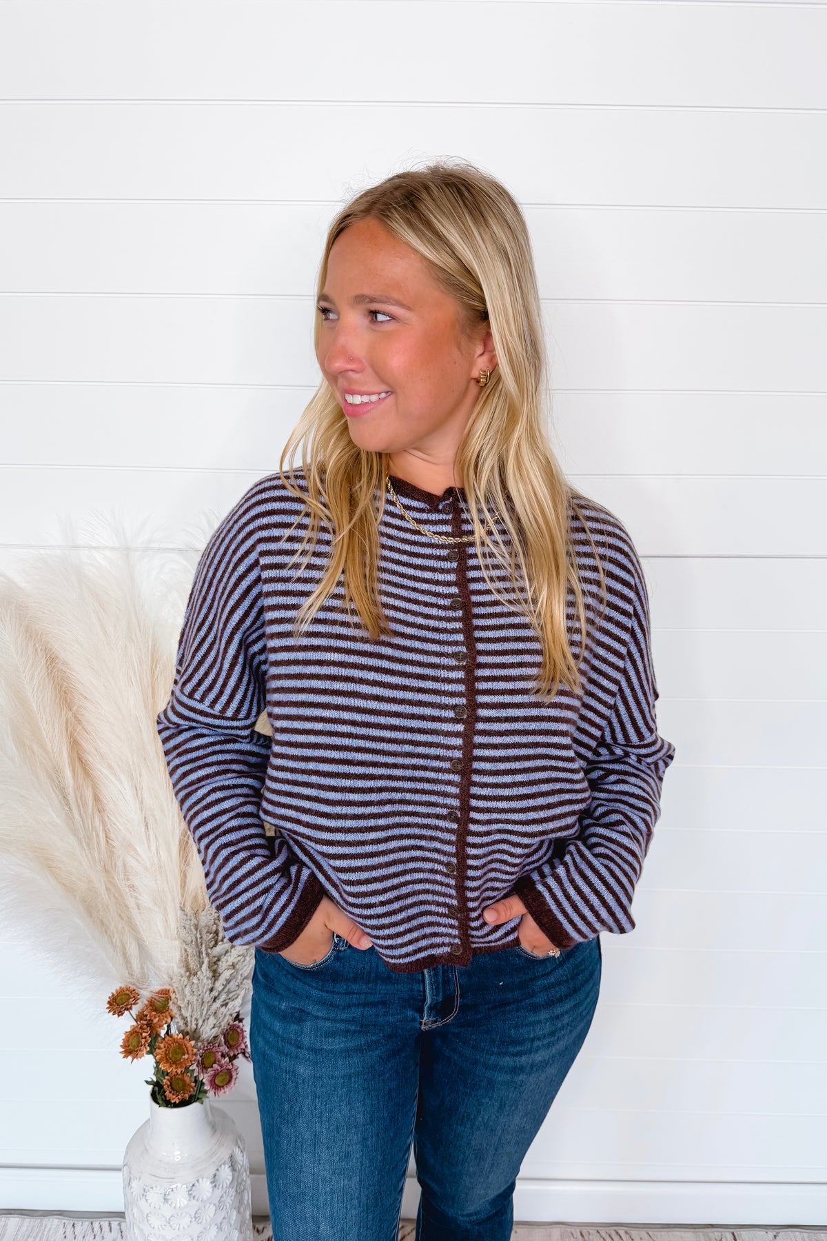 Gwen Lightweight Striped Button Sweater - Blue/Brown