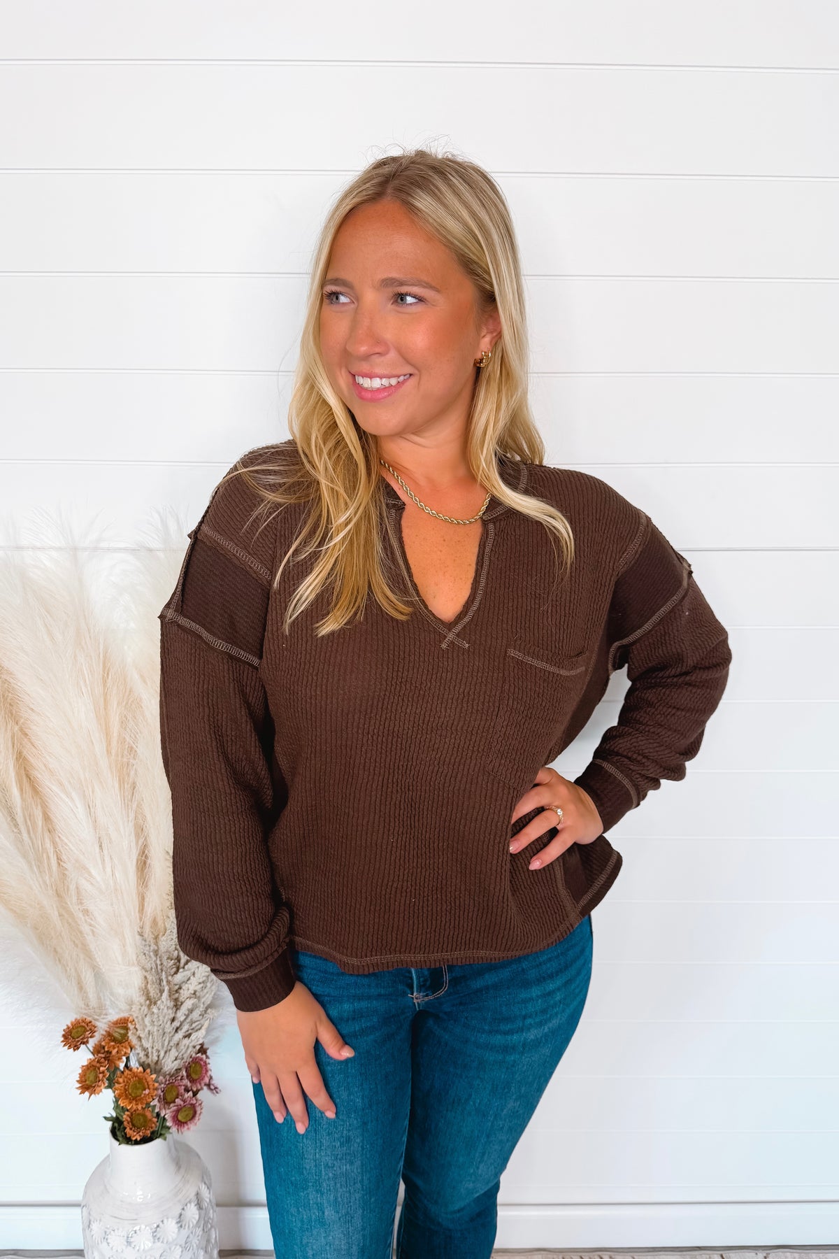 Simple Moments Raw Edge Ribbed Top - Brown