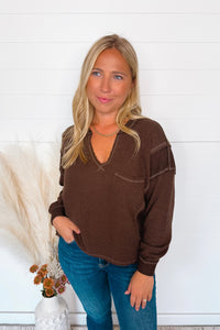 Simple Moments Raw Edge Ribbed Top - Brown