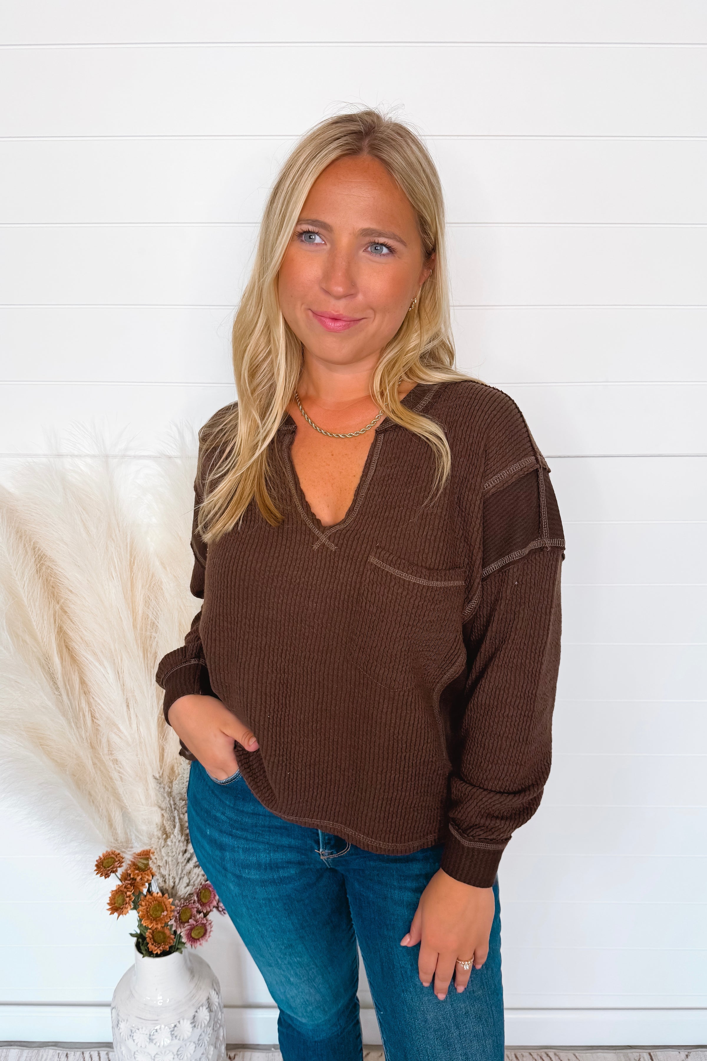Simple Moments Raw Edge Ribbed Top - Brown
