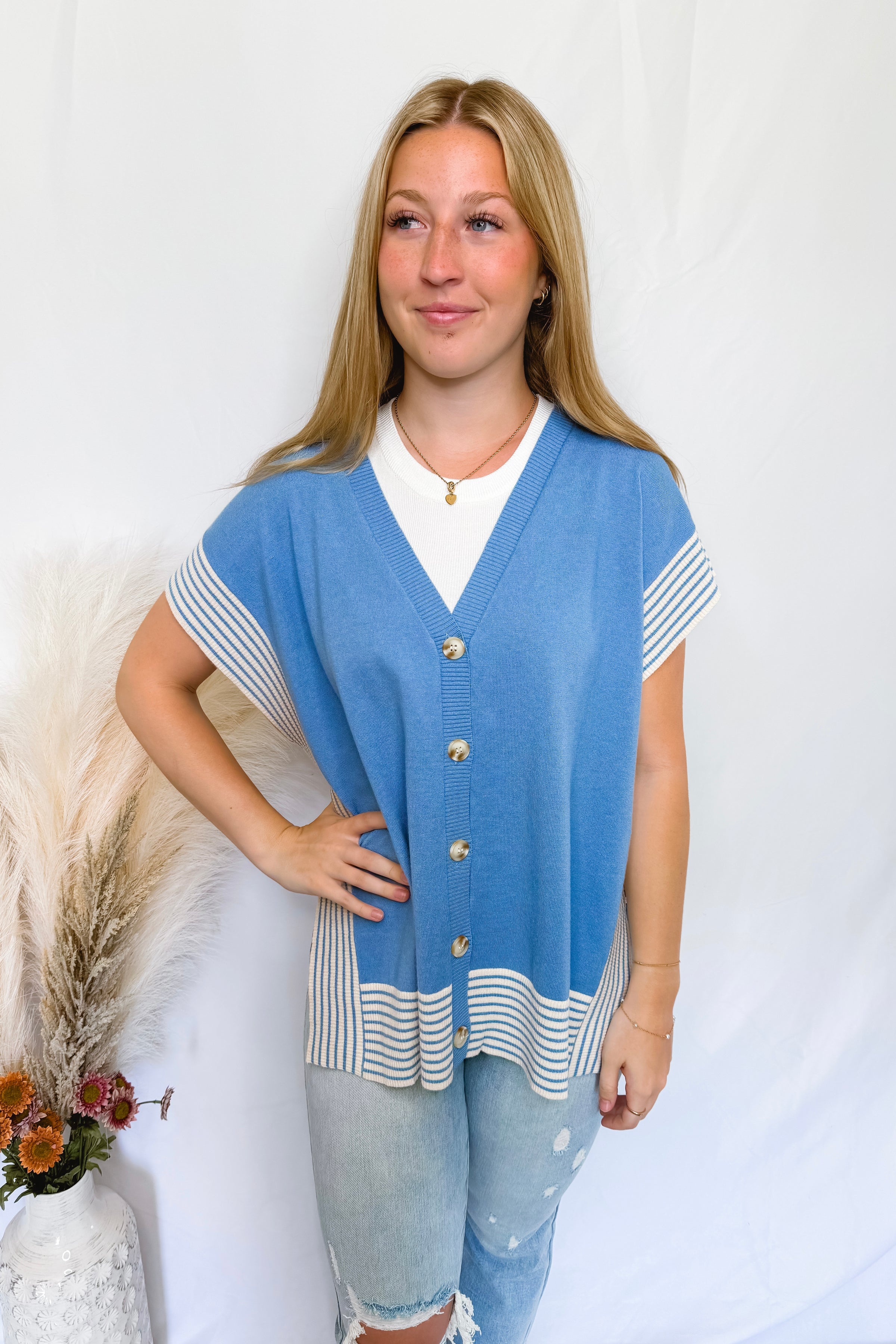 On The Brighter Side Button Down Knit Vest - Blue