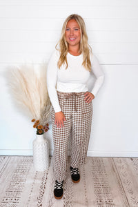 Chic Check Brushed Gingham Drawstring Pants - Mocha