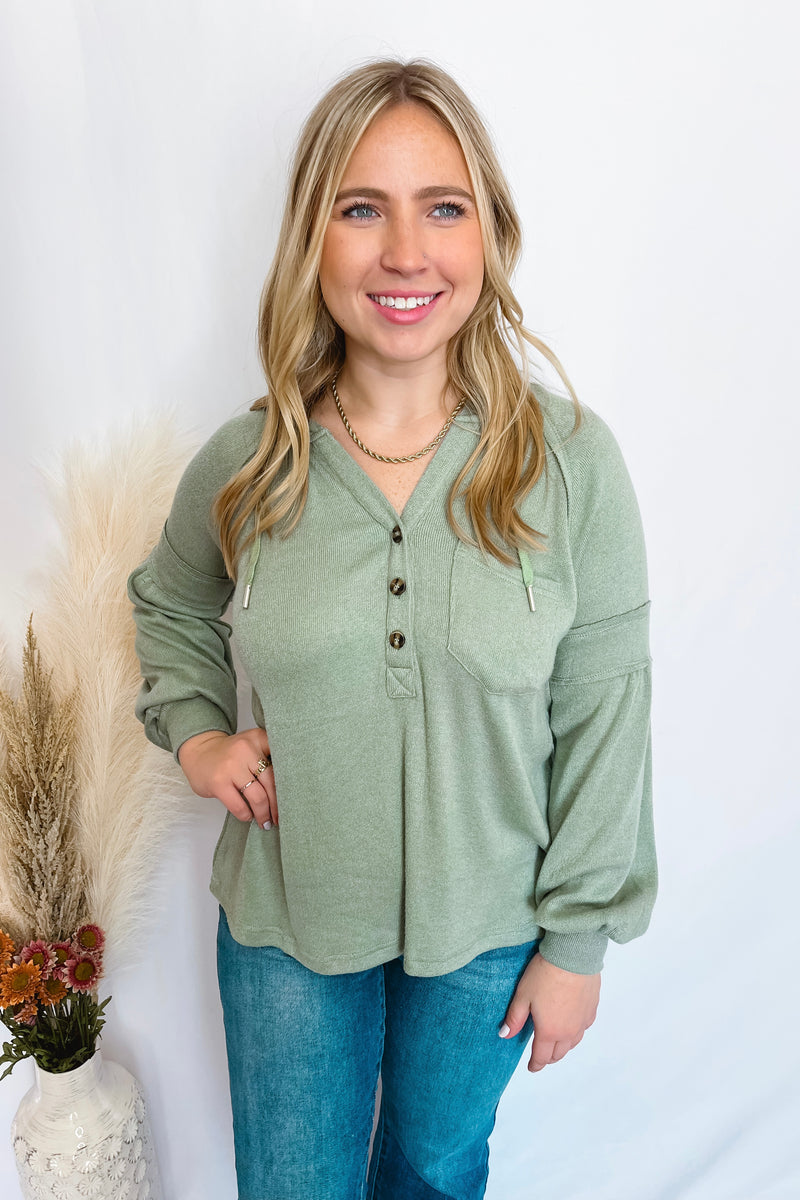 Lovely Tokens Knit Henley Pullover - Sage