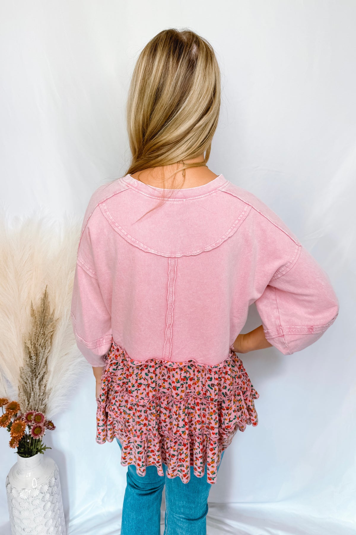 French Cottage Floral Crew Neck Top - Rose