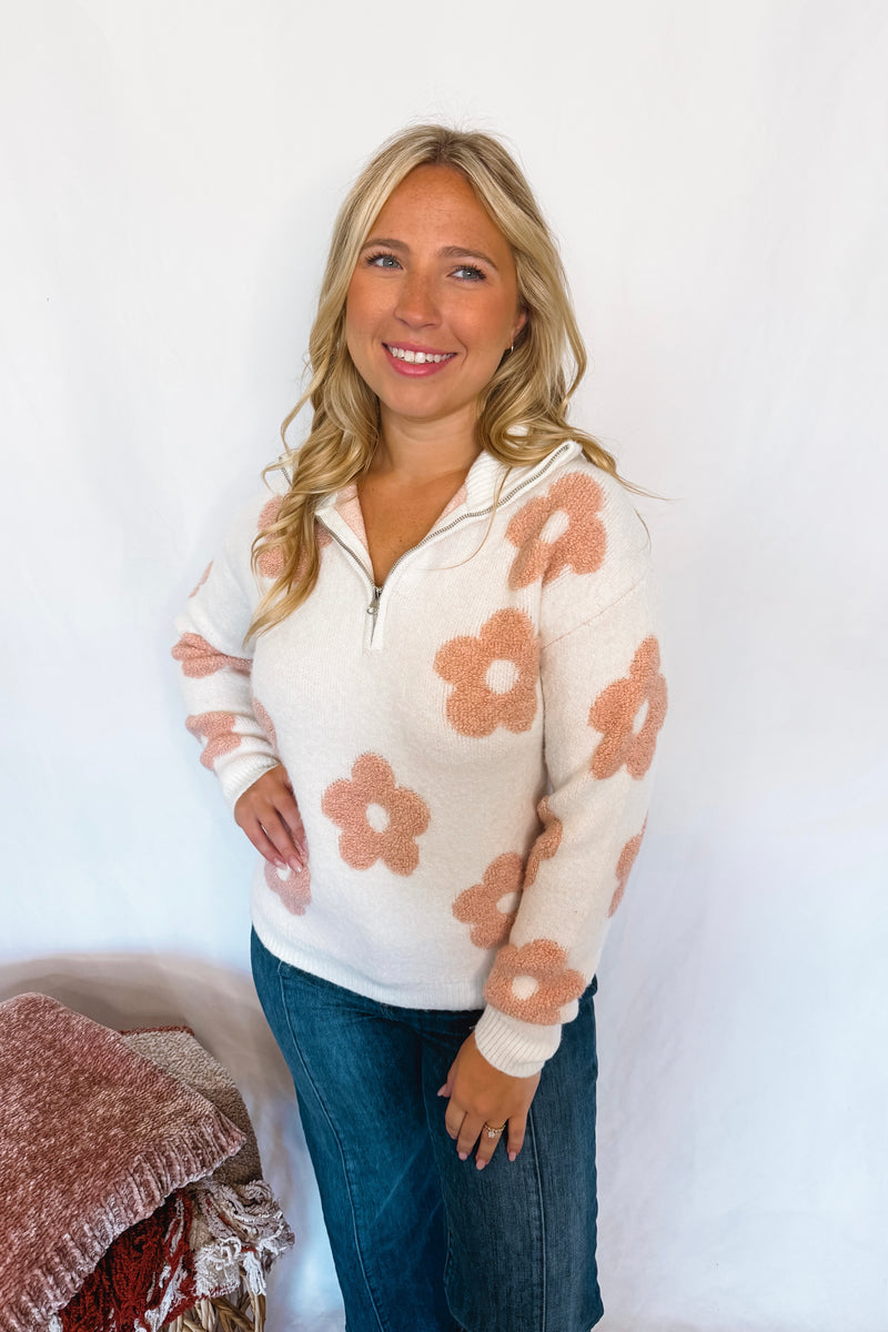 Warm Blooms Quarter Zip Sweater - Cream/Pink