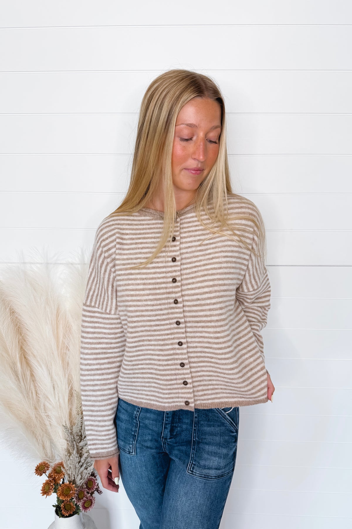 Gwen Lightweight Striped Button Sweater - Tan/Ivory