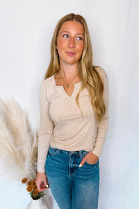 Courtney Notched V-Neck Long Sleeve Top - Oatmeal