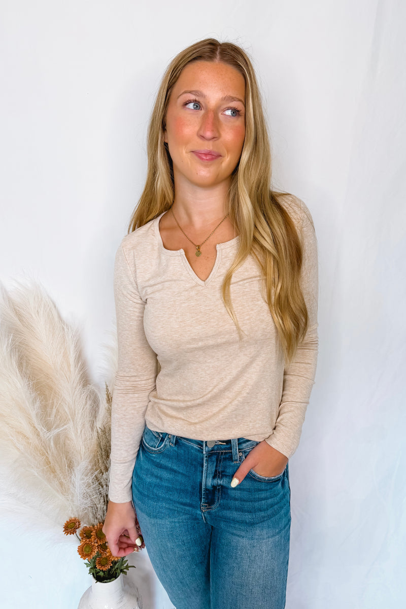 Courtney Notched V-Neck Long Sleeve Top - Oatmeal