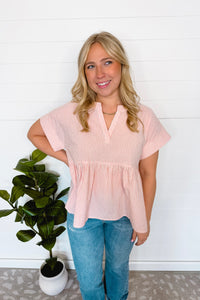 Annie Striped Split Neck Peplum Top - Blush