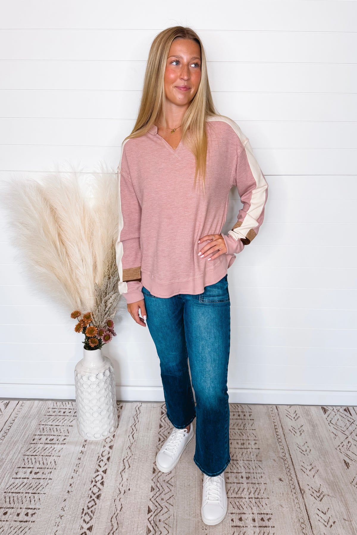 Fall Days Textured Long Sleeve Top - Pink/Cream
