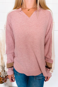 Fall Days Textured Long Sleeve Top - Pink/Cream
