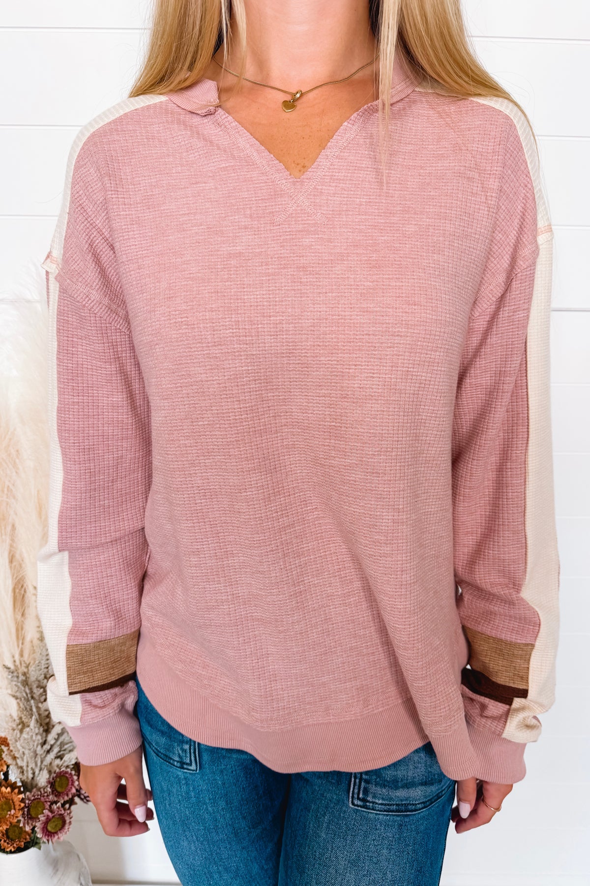 Fall Days Textured Long Sleeve Top - Pink/Cream