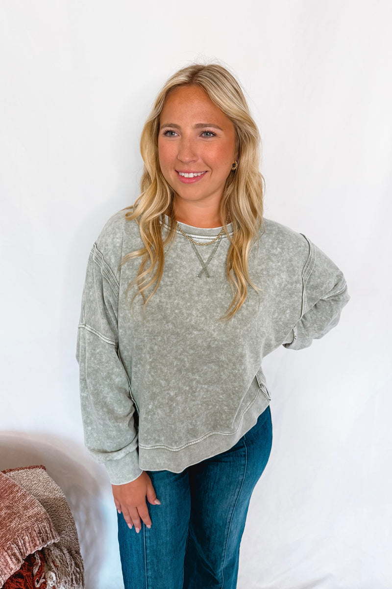 Forever Casual Mineral Washed Crew Neck Top - Moss Green