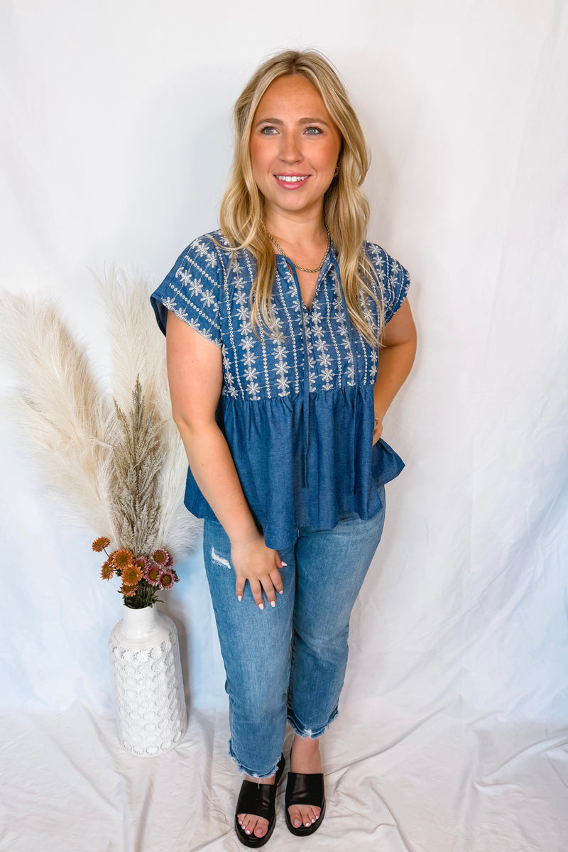 Just For Fun Babydoll Embroidery Blouse - Dark Denim