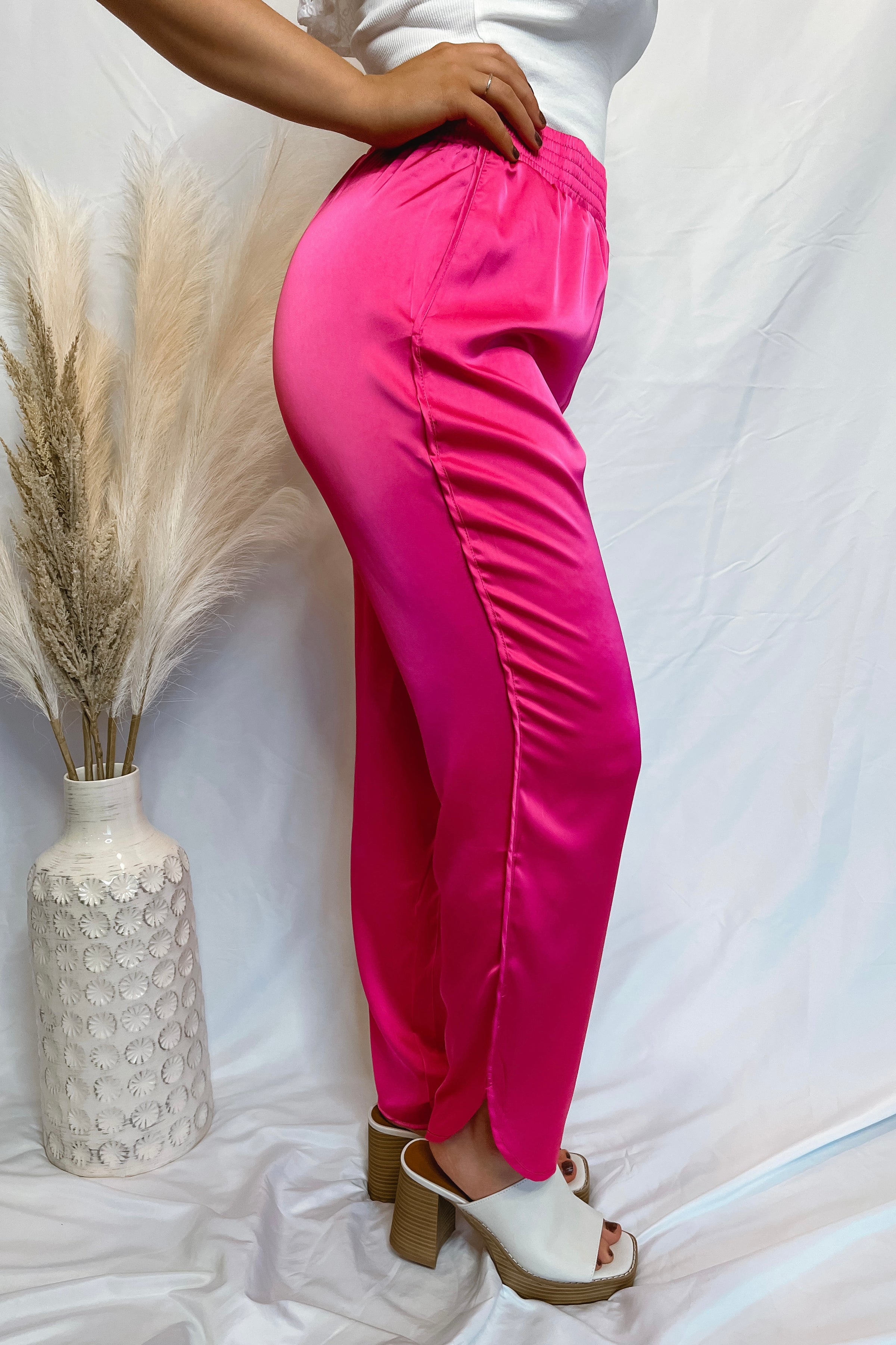 Showstopper Hot Pink Smocked Satin Pants