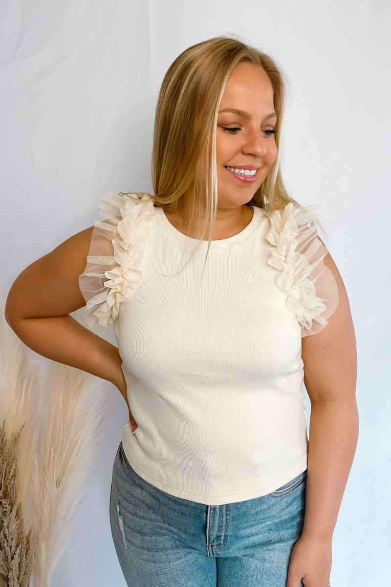 Try To Resist Cream Mesh Ruffle Top