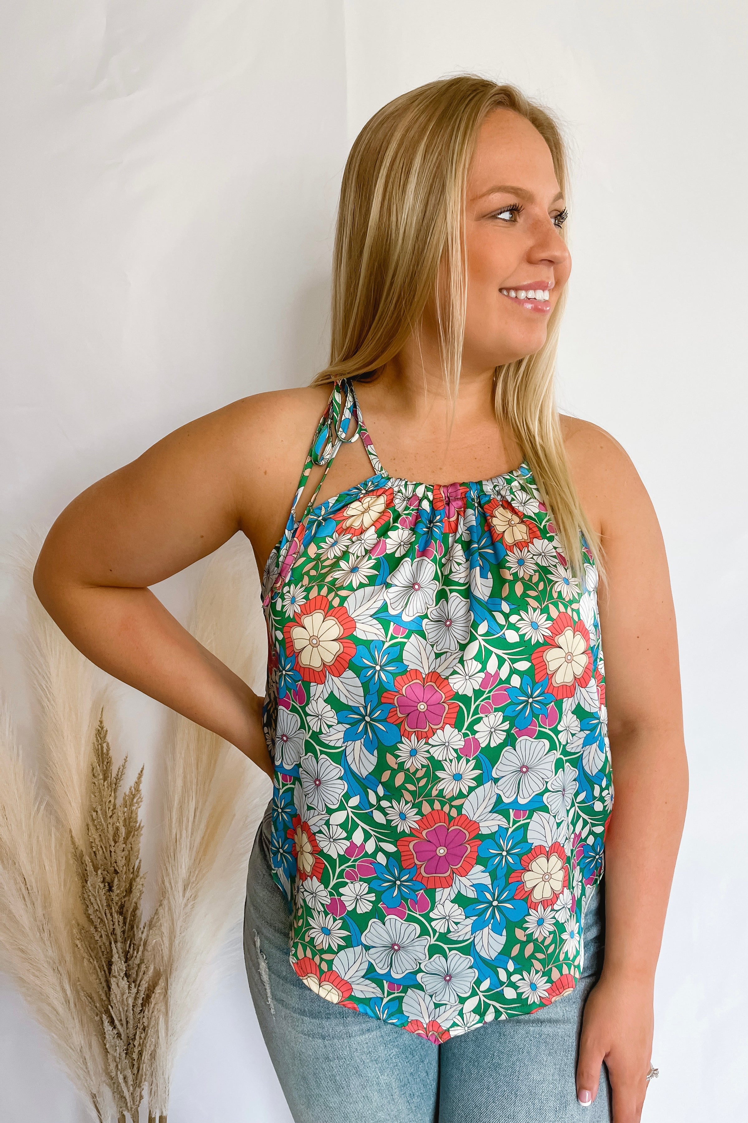 Garden Party Green Floral Halter Tank