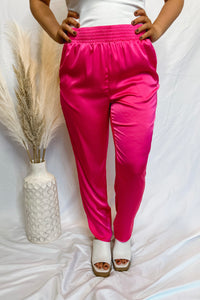 Showstopper Hot Pink Smocked Satin Pants