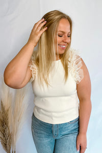 Try To Resist Cream Mesh Ruffle Top