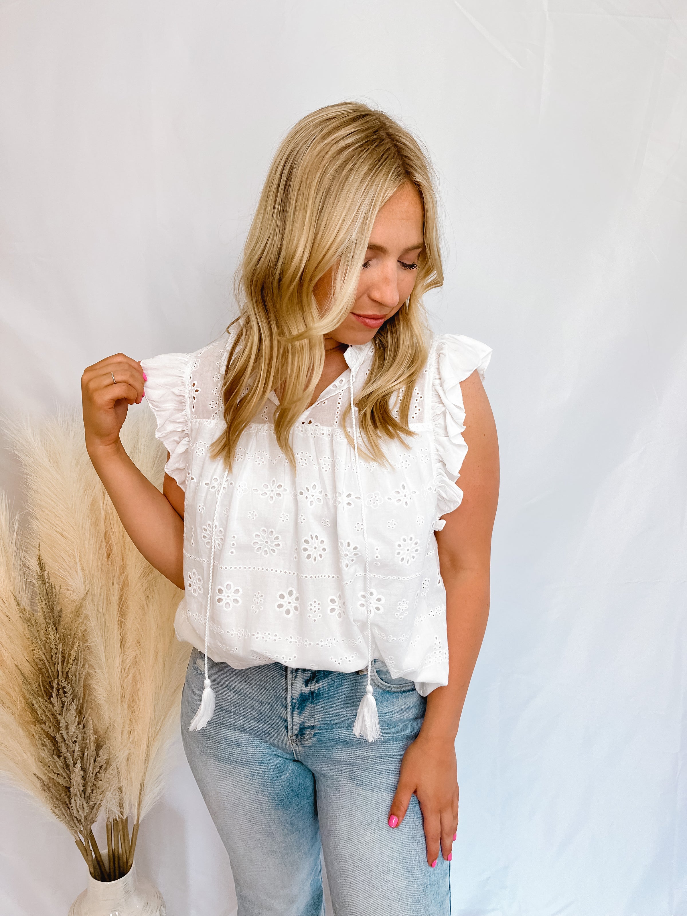 Walking On Sunshine White Eyelet Top