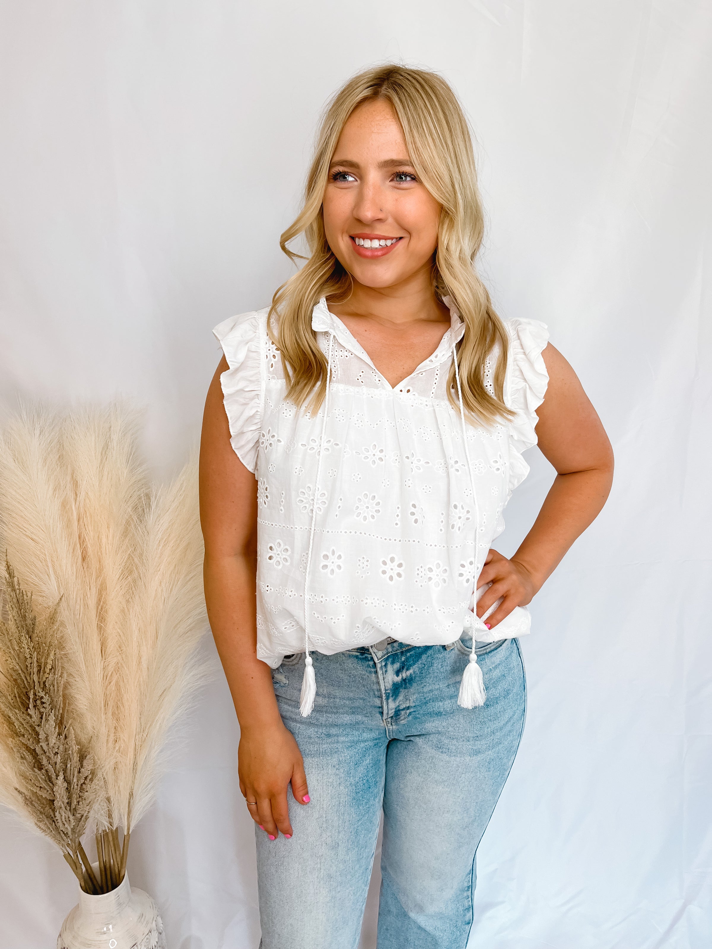 Walking On Sunshine White Eyelet Top