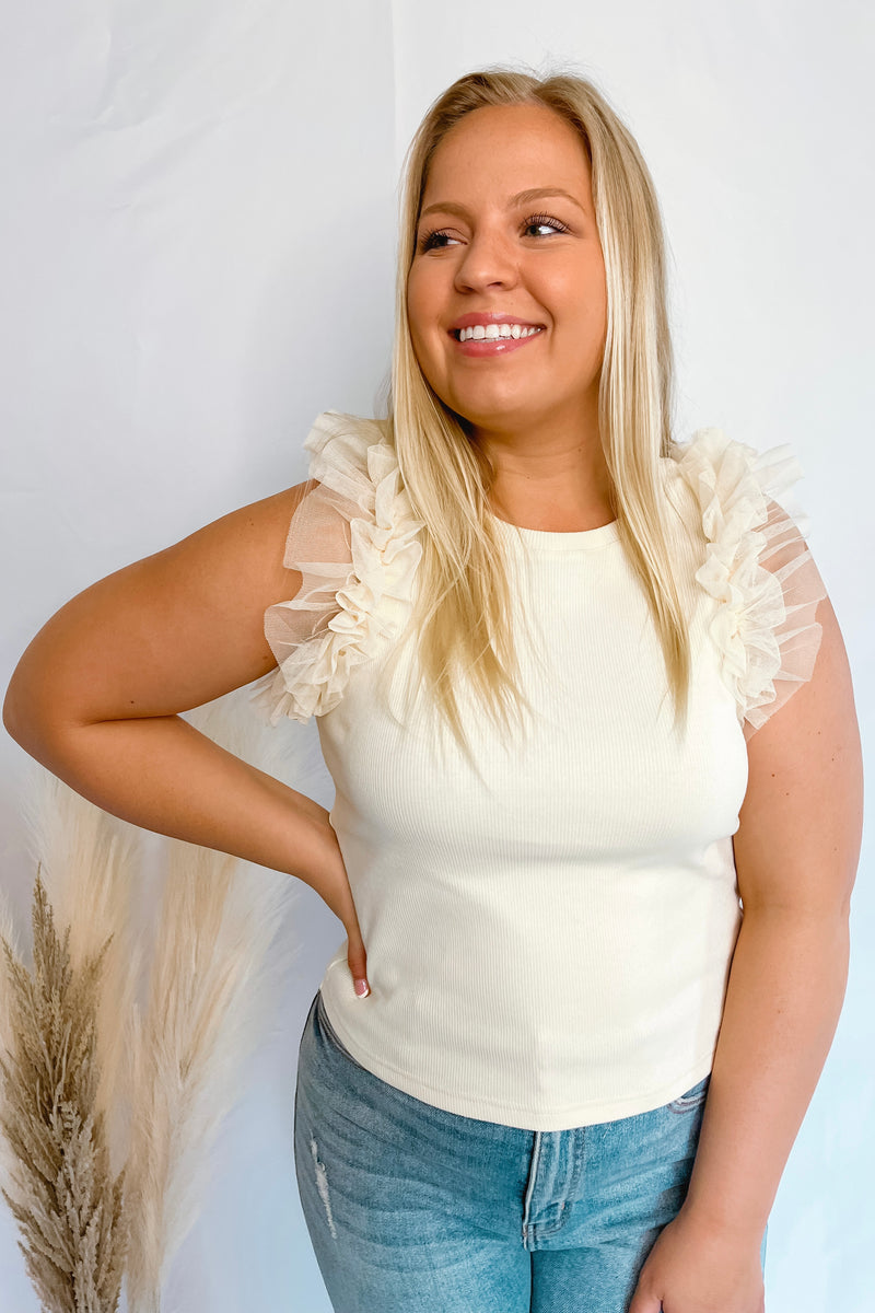 Try To Resist Cream Mesh Ruffle Top