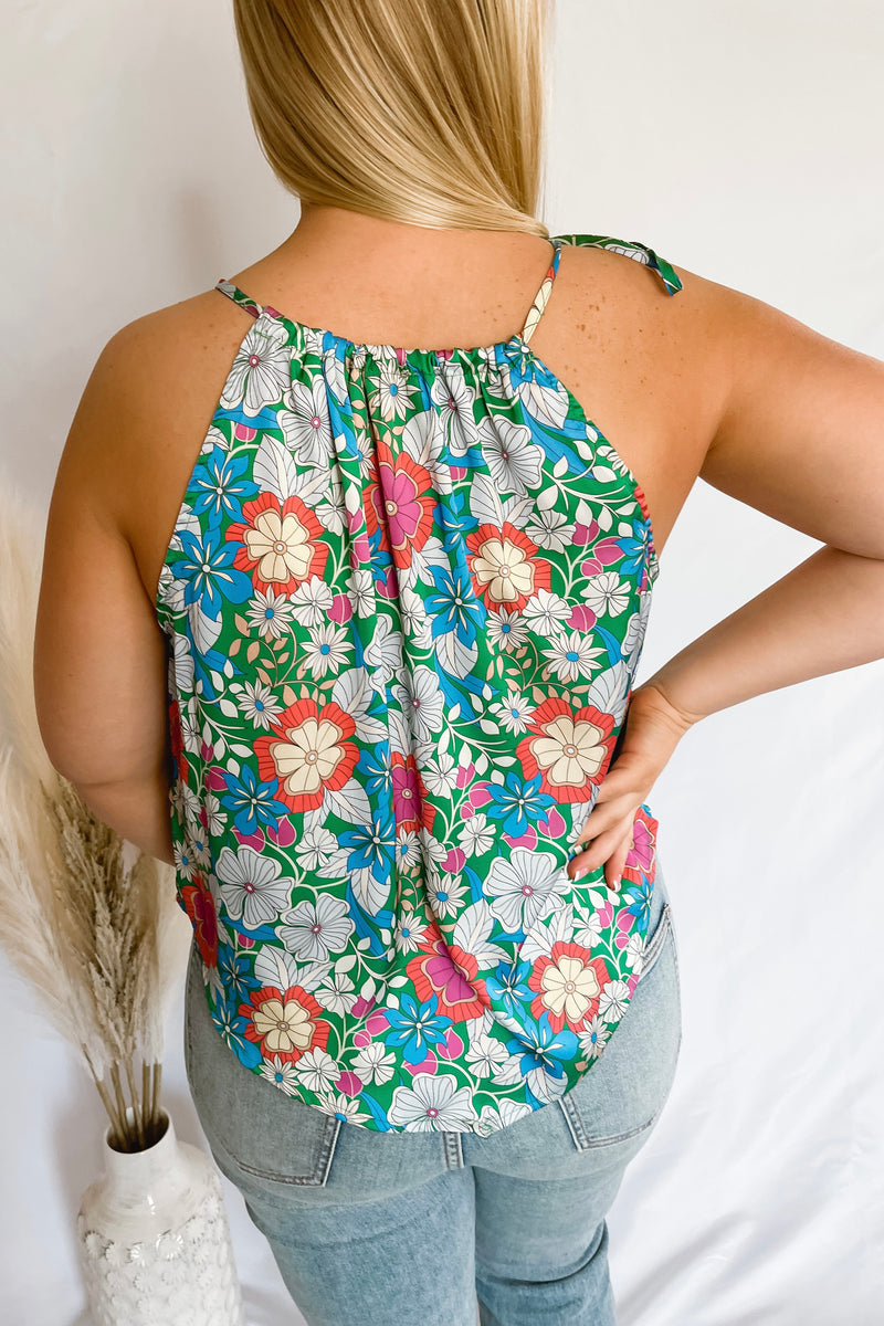 Garden Party Green Floral Halter Tank