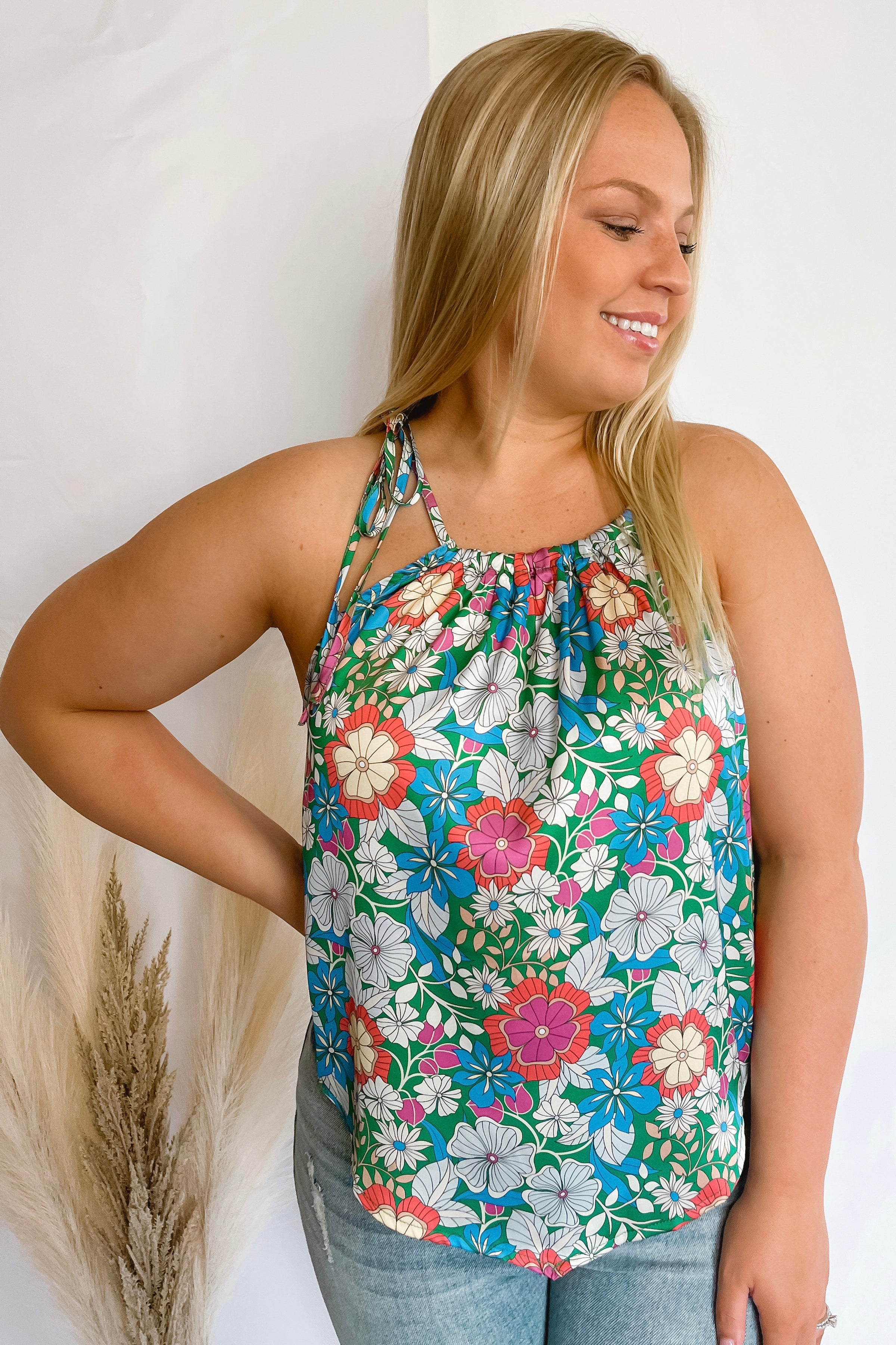 Garden Party Green Floral Halter Tank